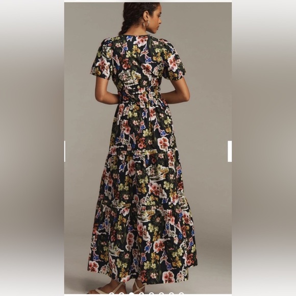 Anthropologie The Somerset Maxi Dress Tiered Smocked DarkGray Pink Purple Motif - Picture 3 of 7